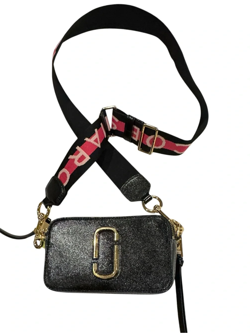 Marc Jacobs Black The Snapshot Crossbody Camera Bag with Pink Accent Strap Auth